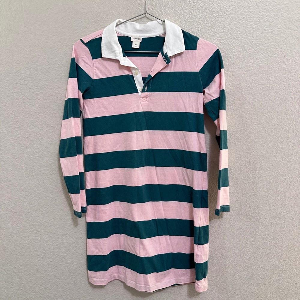 Crewcuts J.Crew Girls Pink Green Striped Long Sleeve Rugby Polo Dress Size 12